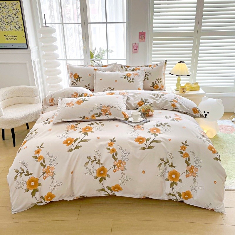 Linen Duvet Cover - 4pcs Yellow Floral Bedding Set, Soft