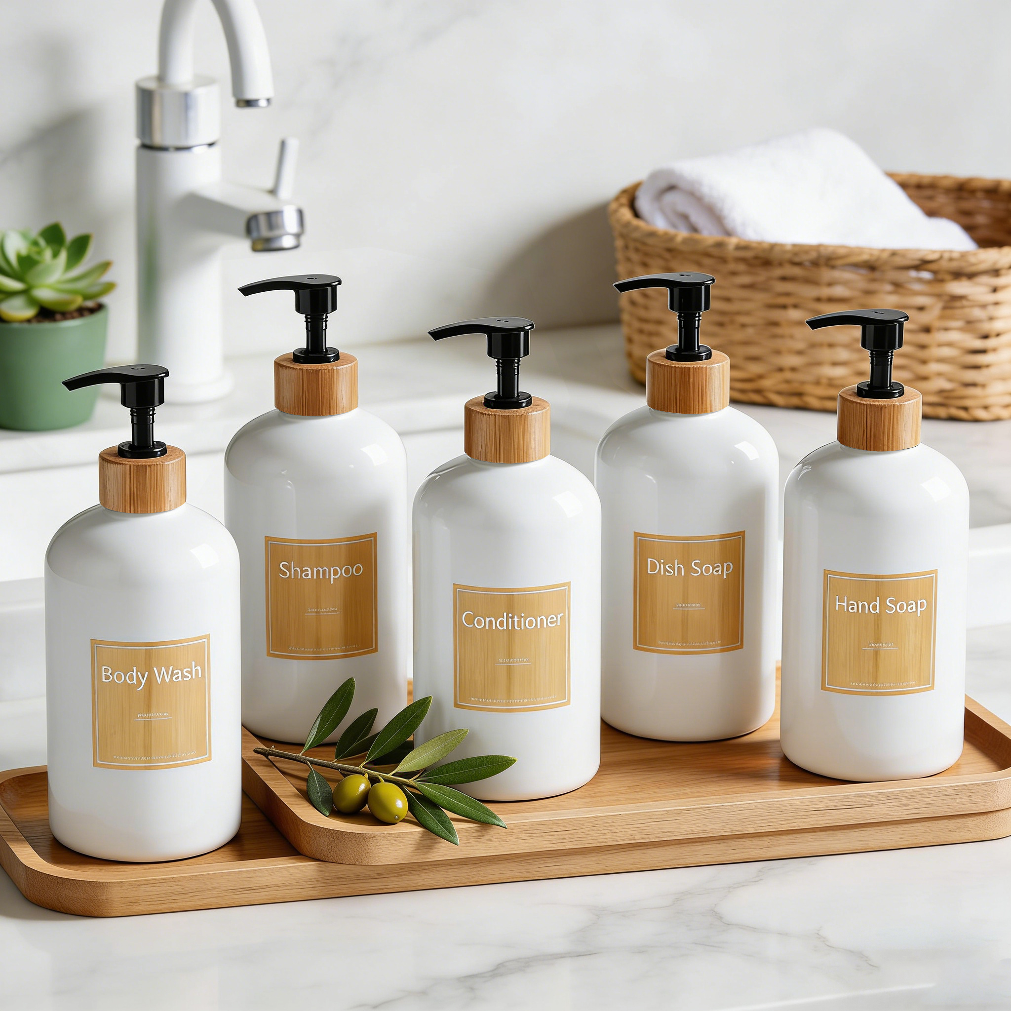 Bamboo Cutlery Set - Refillable Soap Bottles with Bamboo Pump,