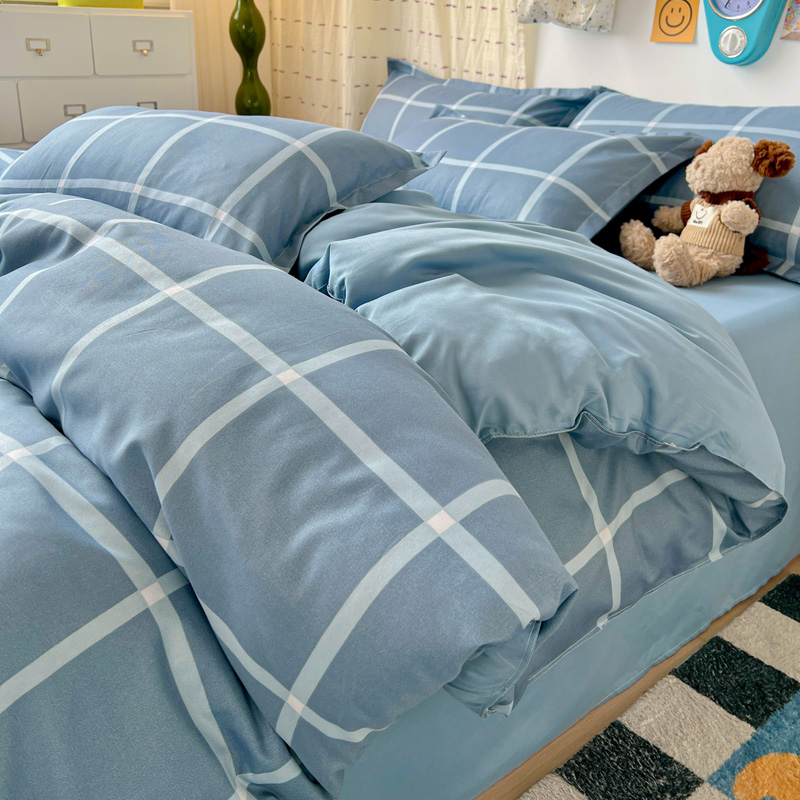 4PCS Light Blue Grid Bedding S - Linen Duvet Cover reseña y precio