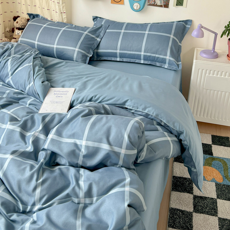 4PCS Light Blue Grid Bedding S - Linen Duvet Cover reseña y precio